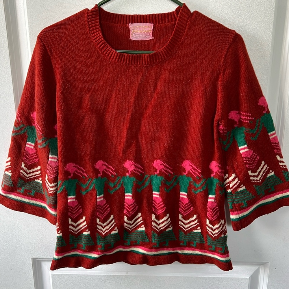 Vtg 60s INDIAN MAIDEN knit boho wool blend bell sleeve sweater S fall colors